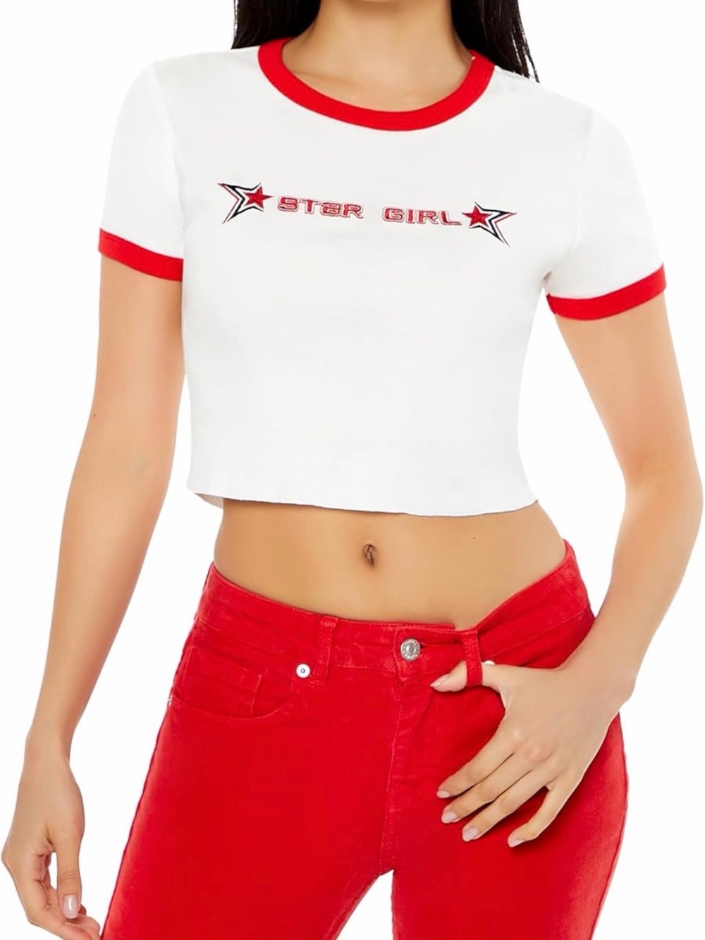 Forever 21 White Crop Top with Red Ringer and 'Star Girl' Graphic